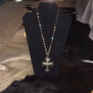 Turquoise and pearl long necklace